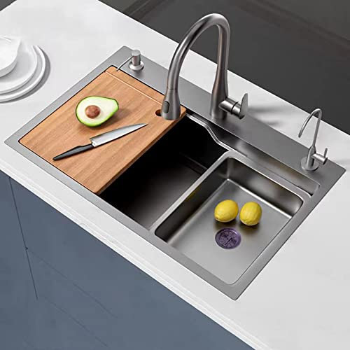 Professional Stainless Steel Sink, Kitchen Sink, Extractable Spray Head Large 1 Bowl Kitchen Sink with Drain, Stainless Steel Built-in and Flush Mount Brushed Metal Sinks (Size : 72 * 45cm/28 * 1