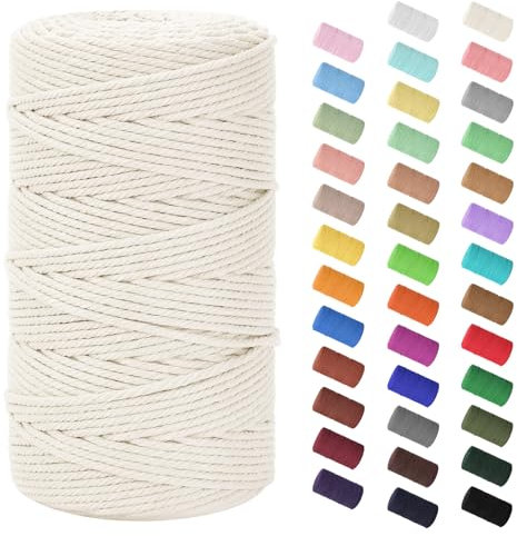 Makramee Garn 3mm x 200m, Baumwollkordel Farbig Baumwollgarn Geflochten Baumwollseil, Natürliche Baumwollschnur für Makramee Wandbehang, Blumenampel, Vorhang und Mehr DIY Deco, Natürlich