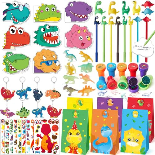 Tacobear Dinosaurier Party Mitgebsel Kindergeburtstag Jungen Mädchen mit Notizbuch Gelstift Geschenktüte Dino Figuren Aufkleber Stempel Schlüsselanhänger Dino Give Aways Gastgeschenke Pinata Füllung
