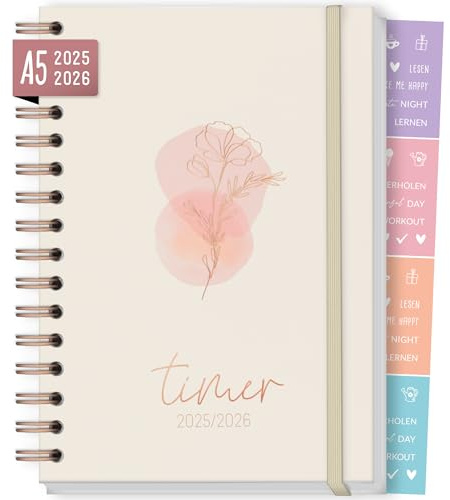 Häfft-Timer Fancy 2025/2026 A5 Dainty Flower Schülerplaner mit Hardcover und Spiralbindung für Oberstufe, Ausbildung, Studium, Laufzeit Aug 2025 - Sep 2026 – nachhaltig & klimafreundlich