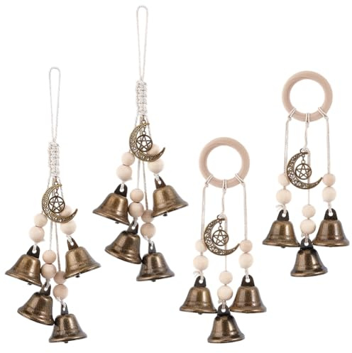 GOAMKERER 4 Pcs 2 Styles Witch Bells for Door Knob, Witchcraft Bells Door Knob Hanger Witch Bell Wind Chimes Hanging Bells with Rope for Witchy Room Home Decor Witchy Gifts