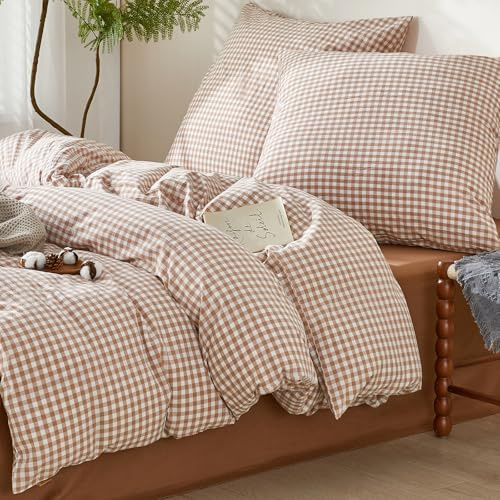 SAPHREAS Bettwäsche 200x220 Baumwolle Gewaschene Kariert 3teilig, Geometrisch Karomuster Bettwäsche Sets Oeko-Tex Zertifiziert Bettbezug mit Reißverschluss, Taupe