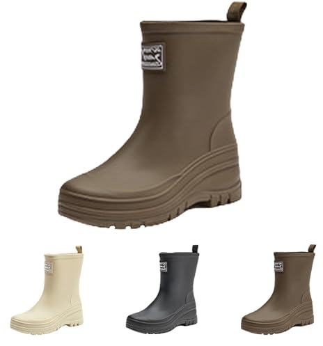 FGUUTYM Stivali da pioggia da donna, a mezza altezza, impermeabili, antiscivolo, in gomma, leggeri, tinta unita, piatti, da pesca, da giardino, marrone, 38 EU