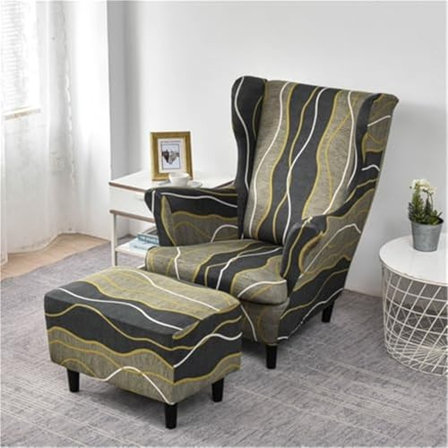 FAWFCJD Housse De Chaise À Oreilles avec Housses Repose-Pieds Ottomans d'ailes Extensibles Vertes Canapé Géométrique en Tissu Spandex Lavable Doux Fauteuil Place Protecteur