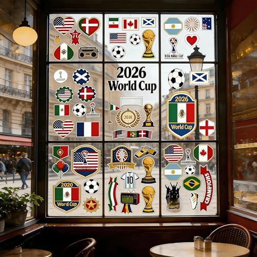 World Cup Football 2026 Window Stickers 9 Sheets 69 Pieces – World Cup Football Party Window Decorations, Double Sided Printed Removable Reusable Clings for Home Office Car Pub Party Decor