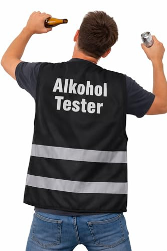 STUWU Gag-Weste „Alkohol Tester“ – Lustige Event- & Partyweste – JGA, Festival, Spaßartikel – Schwarz mit Reflexstreifen (L–XXL)