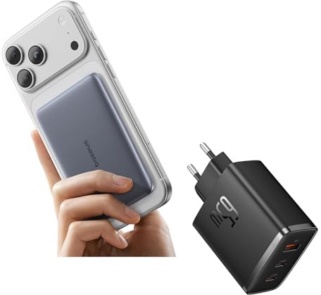 Baseus Picogo AM41 Power Bank, Ultra Slim 5000mAh Magsafe Powerbank, PD 20W Schnellladung + Baseus USB C Ladegerät 65W 3-Ports USB C Netzteil PD Ladegerät mit PPS