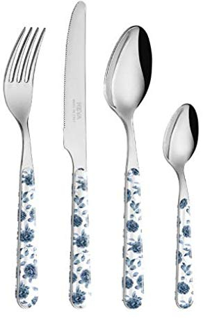 NEVA | BISTROT Vintage Floreal Set 24 Posate, Set Posate in Acciaio Inox, Lavaggio in Lavastoviglie, Decorazione Indelebile, Rose Blu