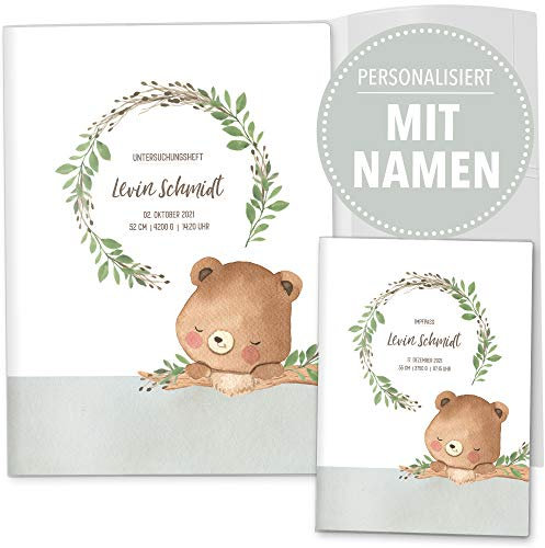 OLGS U-Heft und Impfpasshüllen Set 3-teilig | Cute Forest Bär | Untersuchungsheft Hülle & Impfpasshülle schöne Geschenkidee personalisierbar mit Namen und Geburtsdatum (U-Heft Set, personalisiert)