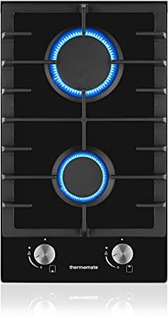 ThermoMate GHBG302 30cm 2 Burners Gas Hob, Black Glass Gas Cooktop with Flame Failure Protection, Propane Domino Hob with Cast Iron Supports, NG/LPG Convertible, 4200W