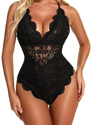 Aranmei Damen Sexy Snap Crotch Body One Piece Spitze Babydoll Dessous Teddy Schwarz M