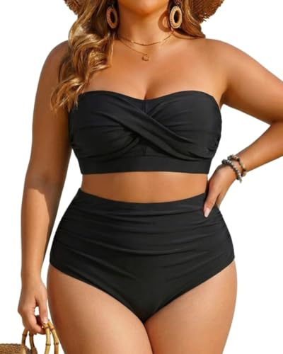 Yonique Damen-Badeanzug, zweiteilig, große Größe, hohe Taille, Bandeau-Stil | Herausnehmbare Pads, verstellbare Träger, sicherer Hakenverschluss, Rückenausschnitt, vollständige Abdeckung