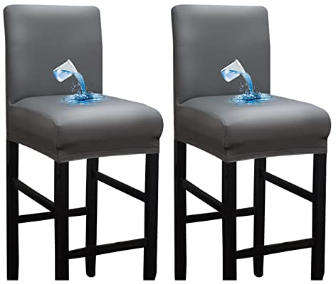 Bestenrose Wasserdicht Stuhlhussen 2er Set BarStuhlhussen PU Leder Stuhlbezug Barhocker Bezüge Stretch Hochhocker stuhlbezüge Stuhlbezug für Esszimmerstuh (Grau, 2 Stück)