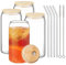 480ml Transparent Can Glass Cups with Wooden Lid and Glass Straw, Reusable Can Shaped Drinking Glasses for Cold Drink Juice Coffee Cocktail Whiskey (4pcs)