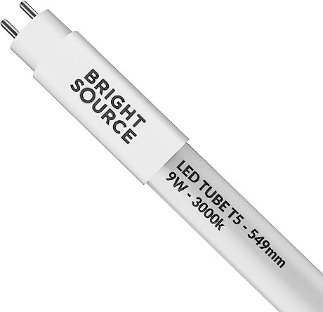 Bright Source 549mm 9w LED T5 Tube, 1225lm, 3000K Warm White, Replacement for 14w T5 Fluorescent, for Direct Mains Installation Only