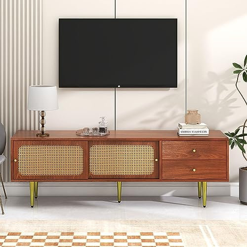BTM Meuble TV en rotin, Banc TV avec 2 tiroirs, 2 Portes coulissantes en rotin, 4 Compartiments de Rangement, pour Salon, Salle à Manger, Chambre, Rangement Pratique, Noyer, 160x40x60cm
