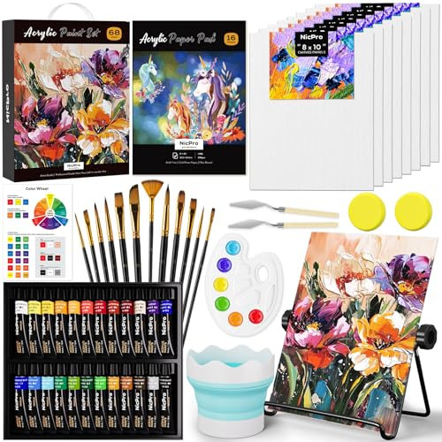 Nicpro Juego de 68 lienzos de pintura acrílica para adultos y niños, kit de suministros de pintura artística con 24 pinturas, caballete de mesa, 8 paneles de lienzo, 12 pinceles, almohadilla de papel,