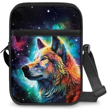 KUIFORTI Umhängetasche für Damen und Mädchen, niedliche Schultertasche, Handtasche, Reißverschluss, kleine Kuriertasche, Galaxy Night Wolf, Einheitsgröße