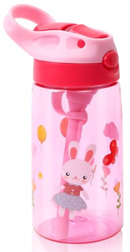 SENBSLAN Kids Water Bottles With Straw,480ml Toddler Drinks Bottle for School,Leakproof Children's Bottle BPA free Tritan Sport Bottle for Girls Boys (Rabbit)