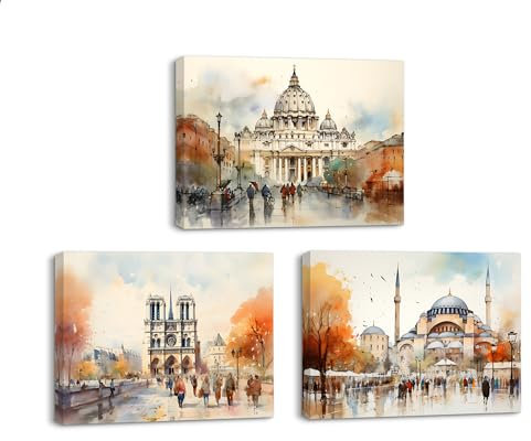 Piy Painting 3 Pièces Impression sur Toile, Architectural de l’Église, Image sur Toile, Cathédrale Notre Dame de Paris, Tableau Decoration avec Cadre Intégré pour la décoration de la maison 40x30cm