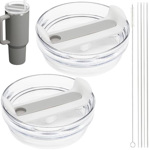 Stanley 40oz Tumbler Lid Replacement - 2 Pack, Fit for Quencher 2.0, with Straws and Cleaning Brush (Grey)