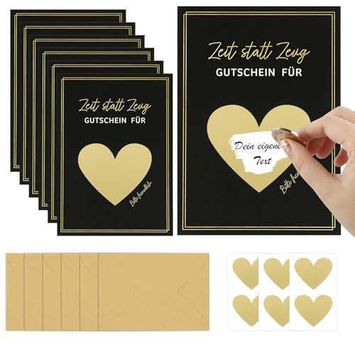 8 Sets Gutschein zum Selber Ausfüllen,DIY Rubbelkarten mit Umschlägen und Herzform Rubbelaufkleber, Zeit statt Zeug Rubbelkarten zum Selber Beschriften für Geburtstag Hochzeit Party