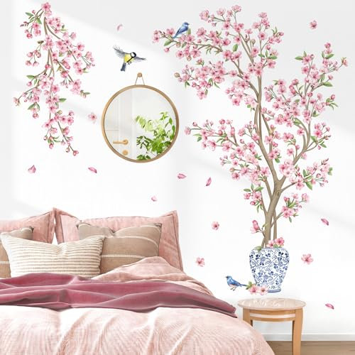 decalmile Stickers Muraux Arbre Fleurs de Cerisier Rose Grand Autocollant Mural Floral Branche Arbre Oiseaux Vase Décoration Murale Salon Chambre Mur TV