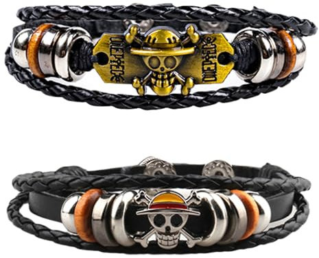 PYAIOVR 2 Pezzi One Piece Bracciali, One Piece Braccialetti Merch, Bracciale Avvolgente Con Occhio Del Diavolo Con Accessori A Forma Di Teschio E In Pelle Tressata,One Piece Gadget(2Colores)