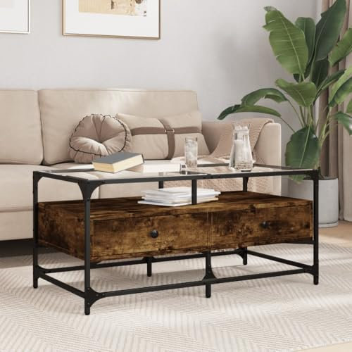 LLEZKBR Tables-Mesas de centro, mesa de centro con tapa de cristal, roble ahumado, 98,5 x 50 x 45 cm, acero