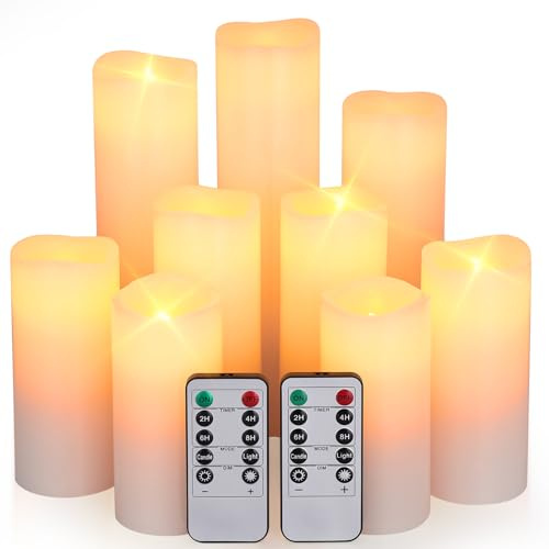 Bougie LED, 9 Bougie LED Flamme Vacillante Réaliste De(10,5cm 12,5cm 15cm 17,5cm 20cm 22cm), Fausse Bougies à Piles avec Télécommande et Minuteur pour Decoration Noël,Halloween, Fêtes-Jaunes(Ivoire)