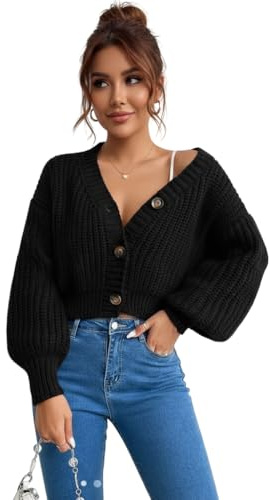 LUXFAB Womens Balloon Sleeve Chunky Knitted 3 Button Crop Cardigan V Neck Stretchy Fisher Knit Sweater Winter Warm Fancy Party Wear Top UK 8-14 Size