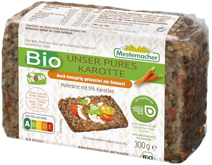 Mestemacher Bio Unser Pures Karottenbrot, vegan, Nutri Score A, Bio Haferbrot mit Karotten ohne Mehl & Hefe, ballaststoffreich, mit Haferkernen, Leinsamen, Flohsamenschalen, 5 Scheiben, 300 g