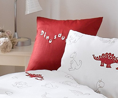 Lorenchen/Lorena Mako-Satin Kinderbettwäsche Dinosaurier in rot oder blau 100% Baumwolle (40 x 40 cm Kissen, Rot)