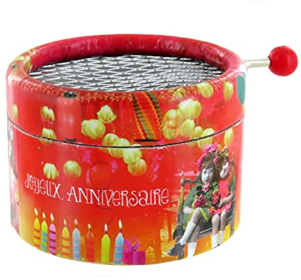 Runde Spieluhr/Spieldose/Musikdose mit Handkurbel aus Pappe - Happy birthday - Geburtstag (P. und M. Hill)