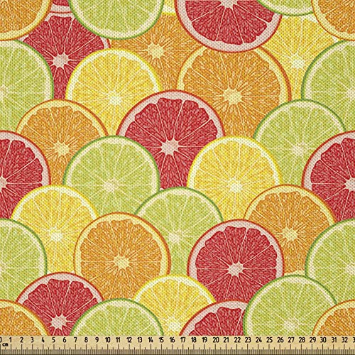 ABAKUHAUS Bunt Stoff als Meterware, Orange Zitrone Früchte, Seidiger Satin Stoff für Polster Heimtextilien, 1M (148x100cm), Mehrfarbig