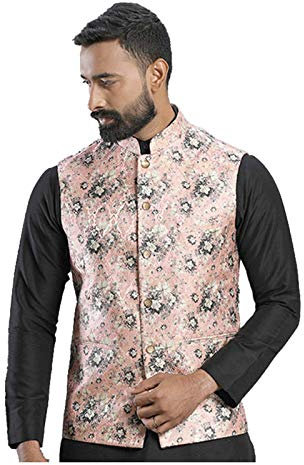 Elina fashion Giacca da uomo Indian Nehru || Stampato Bandhgala Jodhpuri Manica Less ONLY Gilet, Rosa, Large