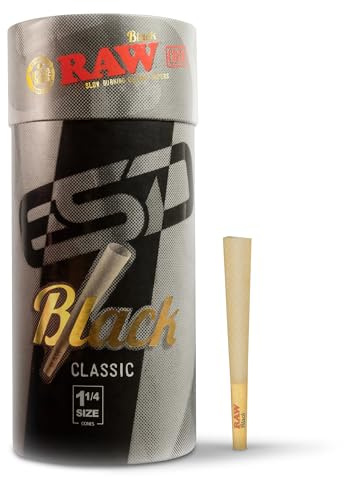 RAW Cones Classic Schwarz 1-1/4 Größe | 100 Stück | Natürliches vorgerolltes Blättchen extra fein gepresst für dünnes, langsam brennendes, natürlich durchscheinendes Blättchen mit Spitzen