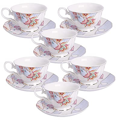 fanquare Lot de 6 Tasses à Café Florales (150 ML), Tasses à Cappuccino en Porcelaine avec Soucoupes, Tasse à Thé pour Anniversaire, Mariage et Fête, Violet