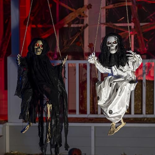 JOYIN 2er-Pack leuchtende Halloween-Geister zum Hängen mit beleuchteten Augen, 91 cm Lange schwingende Geisterskelette als Außendekoration, schwarz-weiße Fliegende Geister für Hof, Terrasse, Rasen