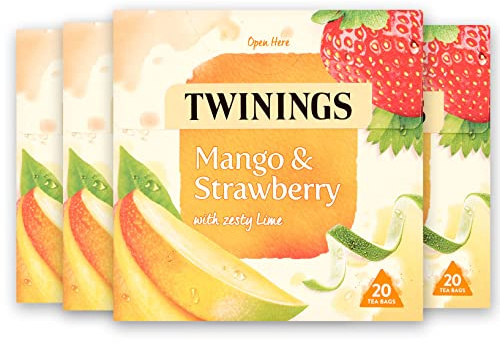 Twinings Mango, Strawberry & Lime Fruit Tea, 80 Pyramid Tea Bags (4 x 20) | Multipack, Fruit Infusion, Real Fruit Pieces, Tropical Notes, Naturally Caffeine Free, Sugar Free, No Tea Leaf