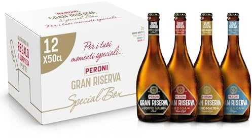 Peroni Gran Riserva Special Box, Cassa di Birra Mista con 12 Birre Peroni Gran Riserva da 50 cl, 3 Doppio Malto, 3 Puro Malto, 3 Rossa e 3 Bianca, Box Birra Idea Regalo con Sorpresa