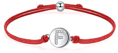 J.Endéar Armband Buchstabe F für Damen Mädchen, Silber 925 Zirkonia Armband, handgefertigt 24cm Seil Initialen Name Armband Jungen, Weihnachts Schmuck Geburtstags Geschenk, Rot