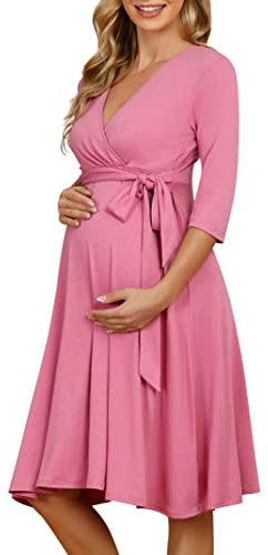KOJOOIN Abito Premaman da Donna Abito Gravidanza Incinte Abito Allattamento Scollo a V Manica Lunga con Cintura in Vita Rosa S
