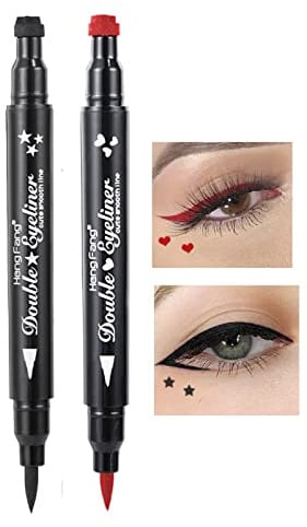 Eyeliner Stempel, Doppelseitiger flüssiger Eyeliner-Stift mit Augen Makeup Stempel, wasserfest, doppelseitig langanhaltend, Tattoo Makeup Werkzeug, rot-schwarz (Rotes Herz mit schwarzen Sternen)