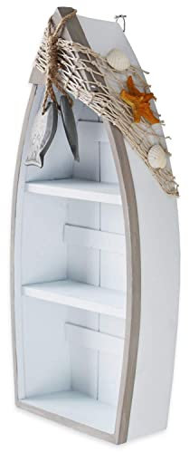 Morning View Bootsregal aus Holz mit 2 Regalböden, nautisches Dekor mit Fischernetz, Seestern, Muscheln – Wandhalterung oder Tischdisplay – Strand-Themen-Heimdekoration, weiß, 17 x 7 x 41 cm