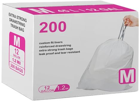 Code M 200 Count Drawstring Trash Bags Compatible with simplehuman Code M | 1.2 Mil | White Garbage Can Liners 12 Gallon / 45 Liter Heavy Duty Plastic Trash Bags