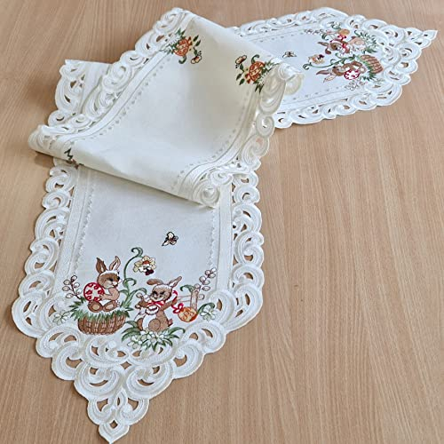 Quinnyshop Ostern Tischläufer Mitteldecke Tischdecke Häschen Ostereier Stickerei Ecru Creme Leinen Optik Polyester (28 x 160 cm)