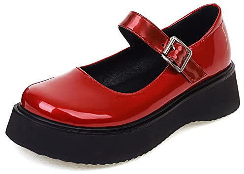 Lroey Reoly Damen Keilabsatz Mary Jane Schuhe, Mittlere Fersenpumpe Runde Zehen Schnalle Party Schuhe mit Plateau Leisure Xonkep Rot Gr 40 EU