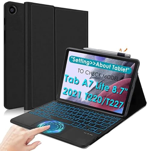 Funda para teclado para Galaxy Tab A7 Lite 8,7 pulgadas SM-T225/T220, trackpad multitáctil, funda estrecha de cuero pu con soporte S-lápiz, teclado QWERTY magnético inalámbrico iluminado para Tab A7