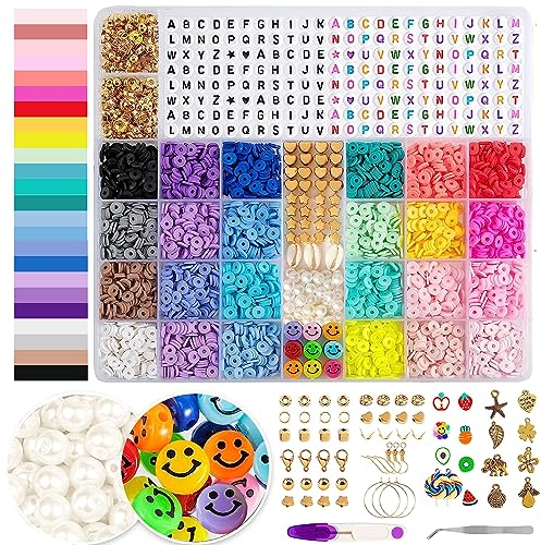 HOLDLEAF 6000+Stück Clay Perlen Set, 24 Farben Perlen für Armbänder, Perlensets mit bunten Smiley- und Buchstabenperlen für Schmuckherstellung